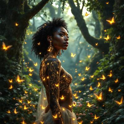 The primary subject of the image is a woman standing in a forest, surrounded by a lush green environment. She is wearing a dress and has a tattoo on her arm. The setting is a forest with trees and flowers, creating a serene and natural atmosphere. The visual style of the image is a combination of photo and digital art, giving it a unique and artistic appearance. The colors in the image are predominantly green, with some yellow and pink accents, contributing to a calming and peaceful m